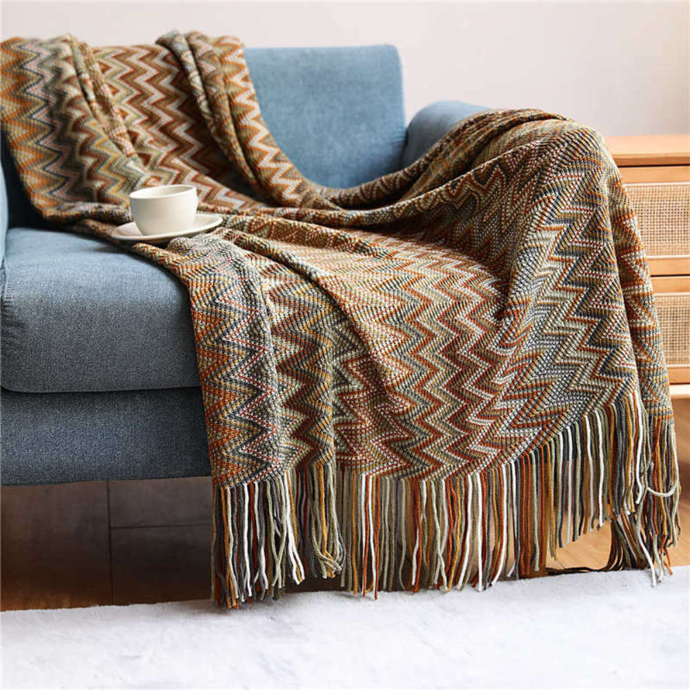 Multicolour Zigzag Knit Throw With Tassels