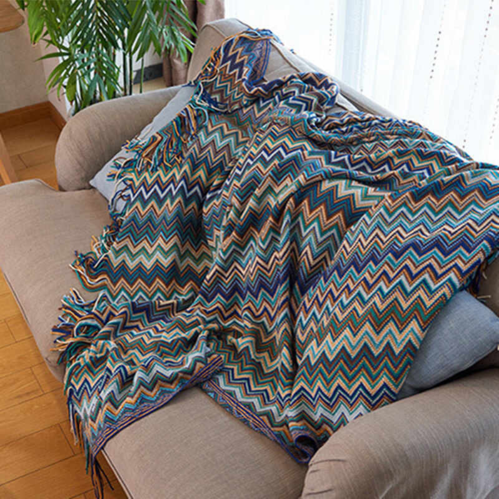 Multicolour Zigzag Knit Throw With Tassels