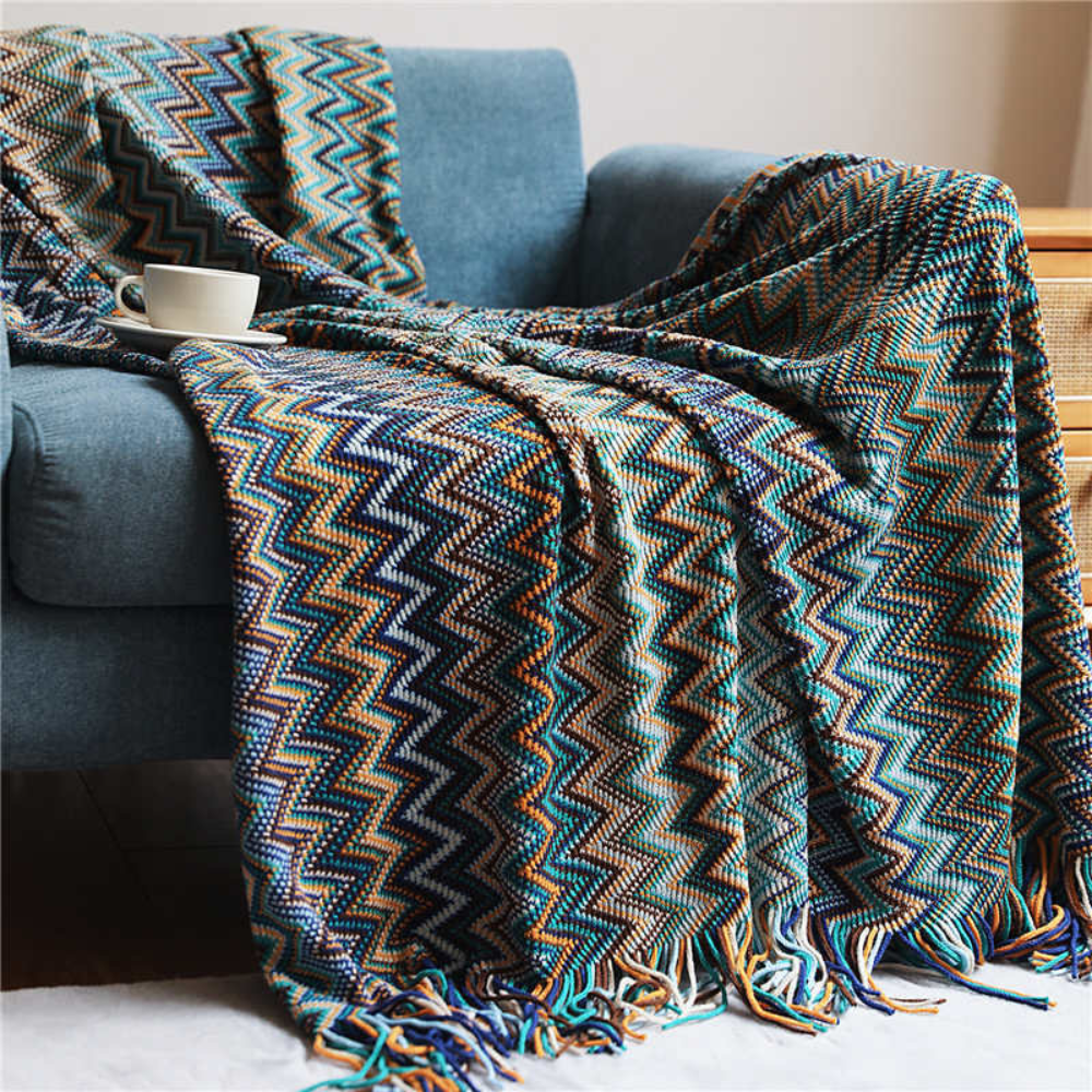 Multicolour Zigzag Knit Throw With Tassels