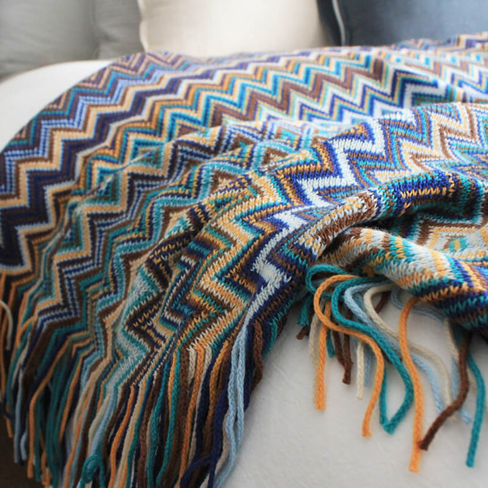 Multicolour Zigzag Knit Throw With Tassels