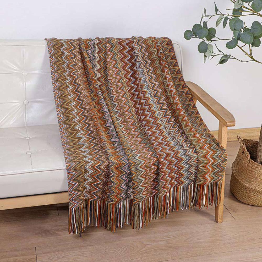 Multicolour Zigzag Knit Throw With Tassels