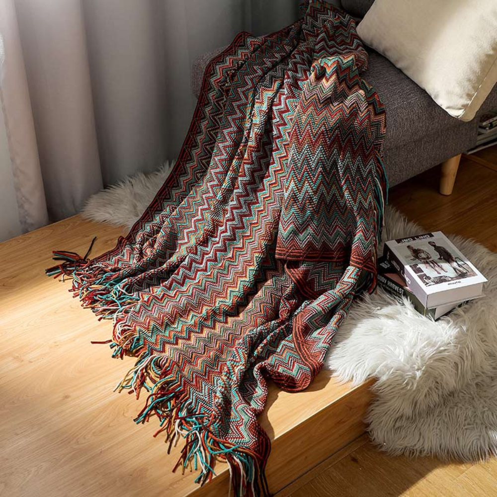 Multicolour Zigzag Knit Throw With Tassels