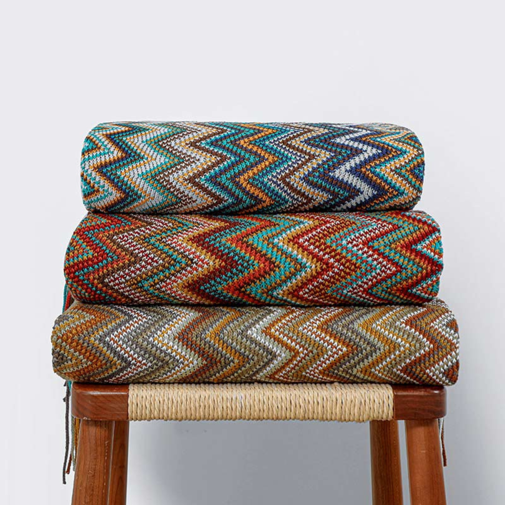 Multicolour Zigzag Knit Throw With Tassels