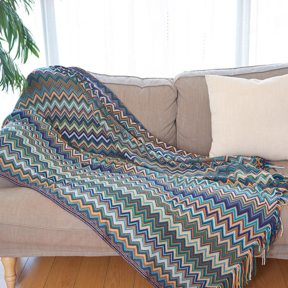 Multicolour Zigzag Knit Throw With Tassels