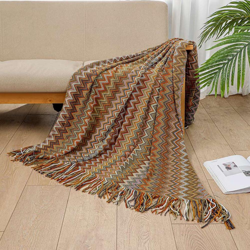 Multicolour Zigzag Knit Throw With Tassels