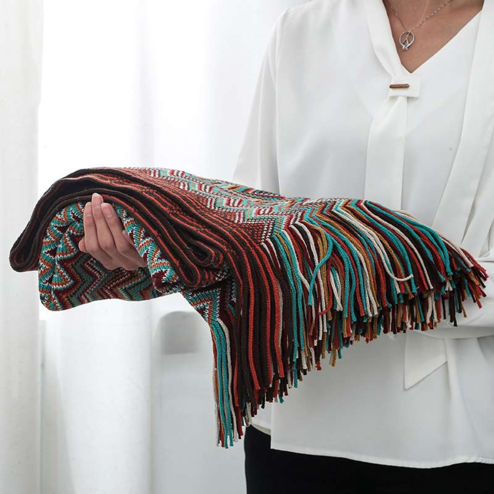 Multicolour Zigzag Knit Throw With Tassels