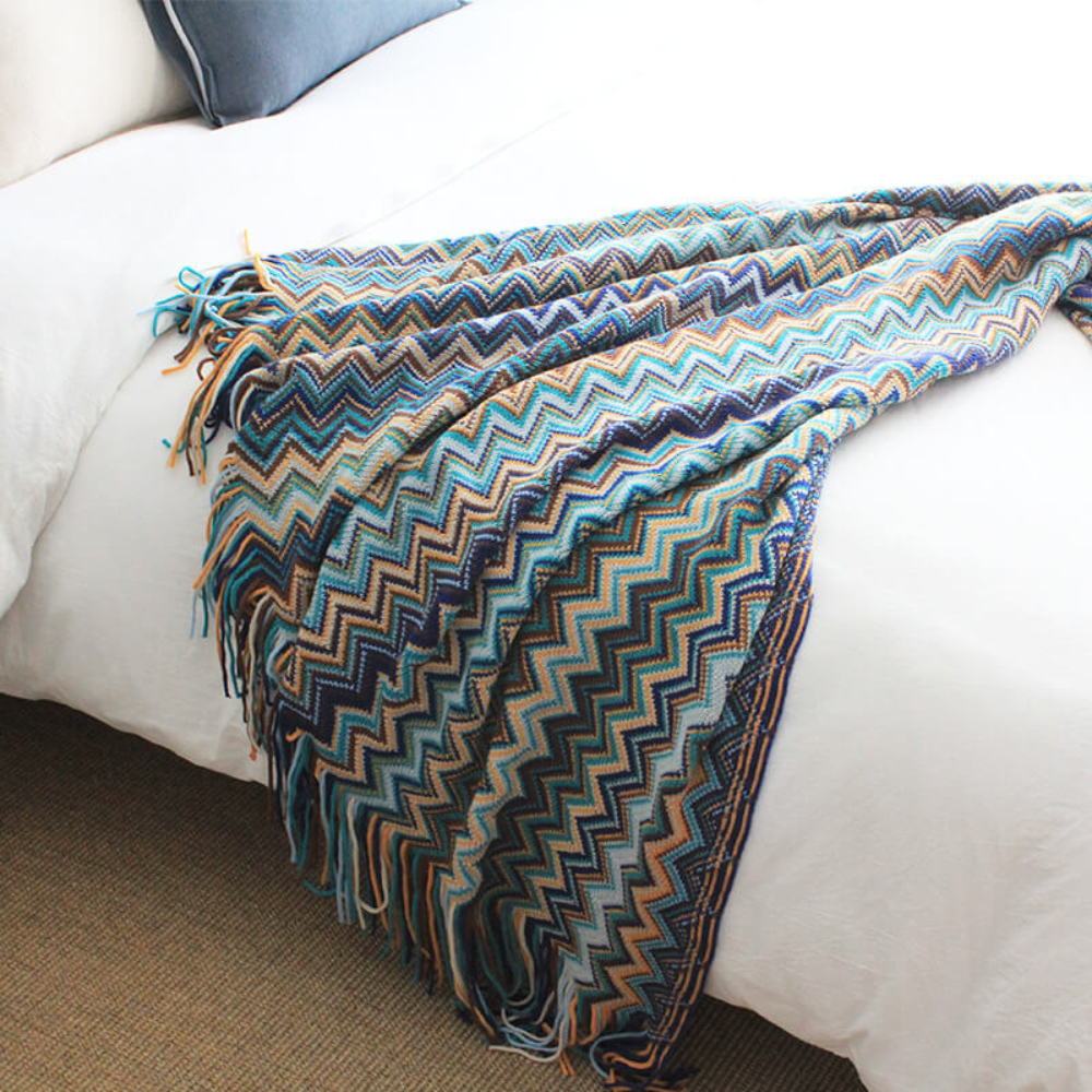 Multicolour Zigzag Knit Throw With Tassels