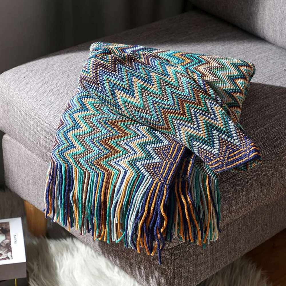 Multicolour Zigzag Knit Throw With Tassels