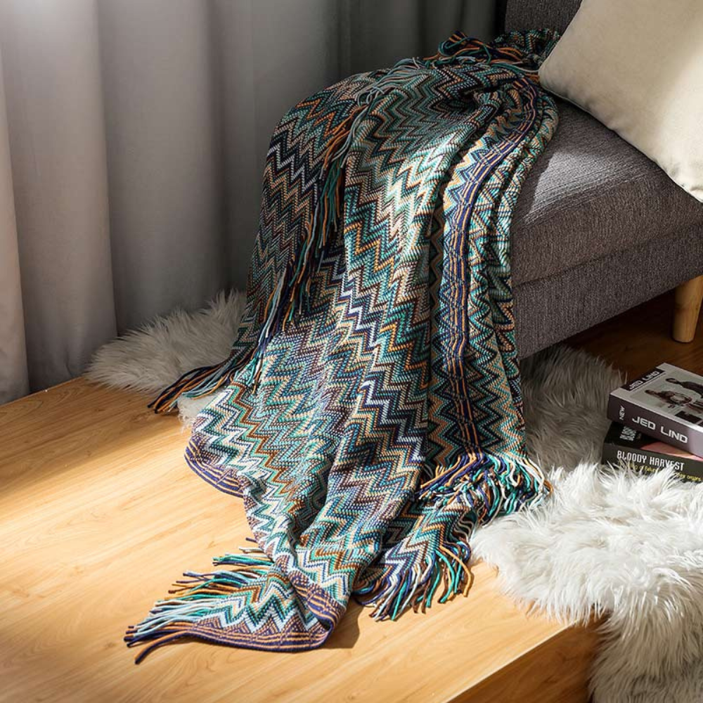 Multicolour Zigzag Knit Throw With Tassels