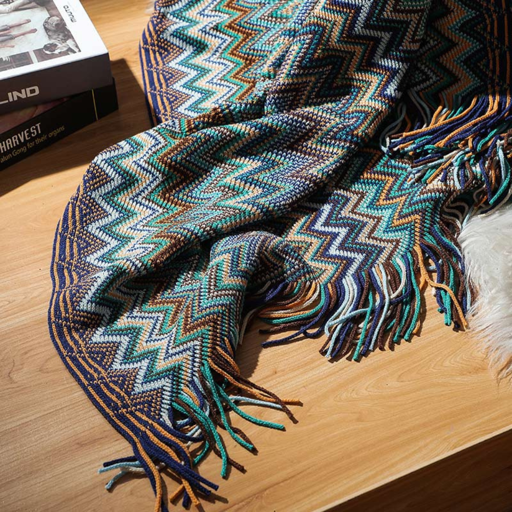 Multicolour Zigzag Knit Throw With Tassels