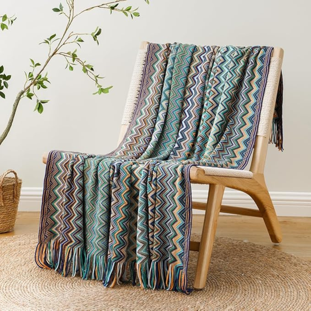 Multicolour Zigzag Knit Throw With Tassels